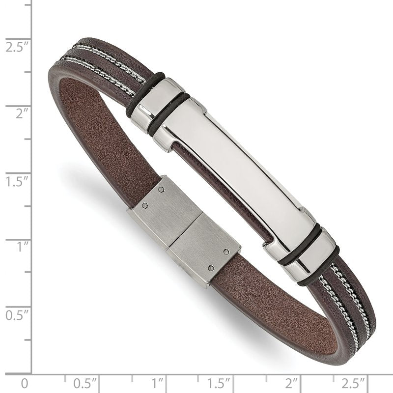 Stainless Steel Polished Brown Leather with Black Rubber 8.25 inch ID Bracelet