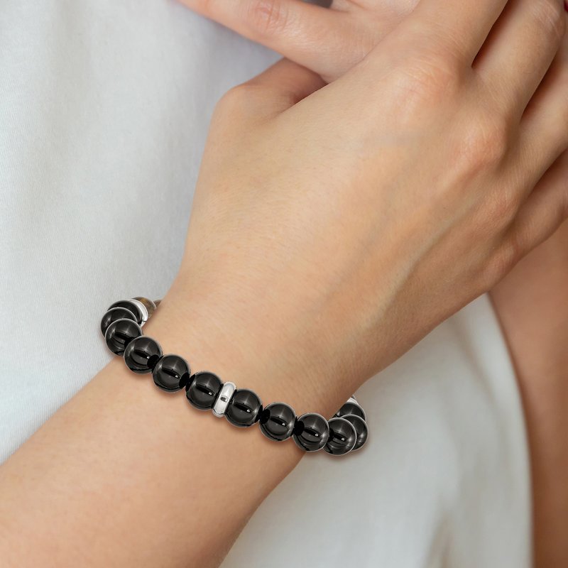 Stainless Steel Polished 10.5mm Black Agate and Tiger's Eye Beaded Stretch Bracelet