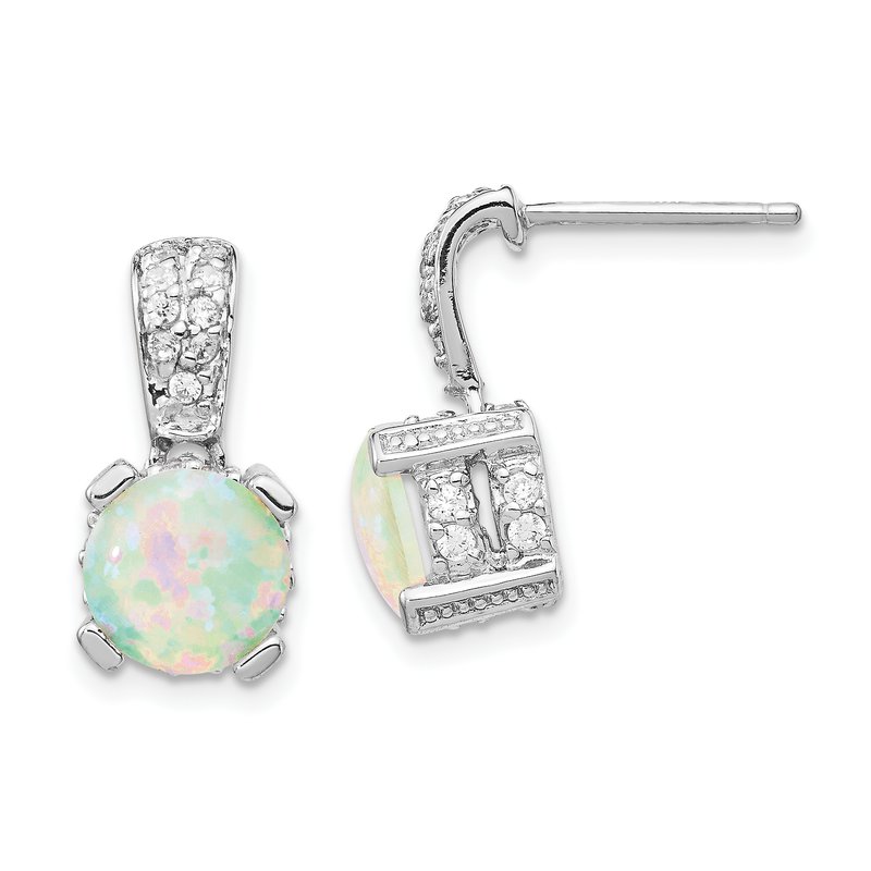 Sterling Silver Rhodium-plated 8mm Cabochon Lab Created Opal and Brilliant-cut CZ Post Dangle Earrings