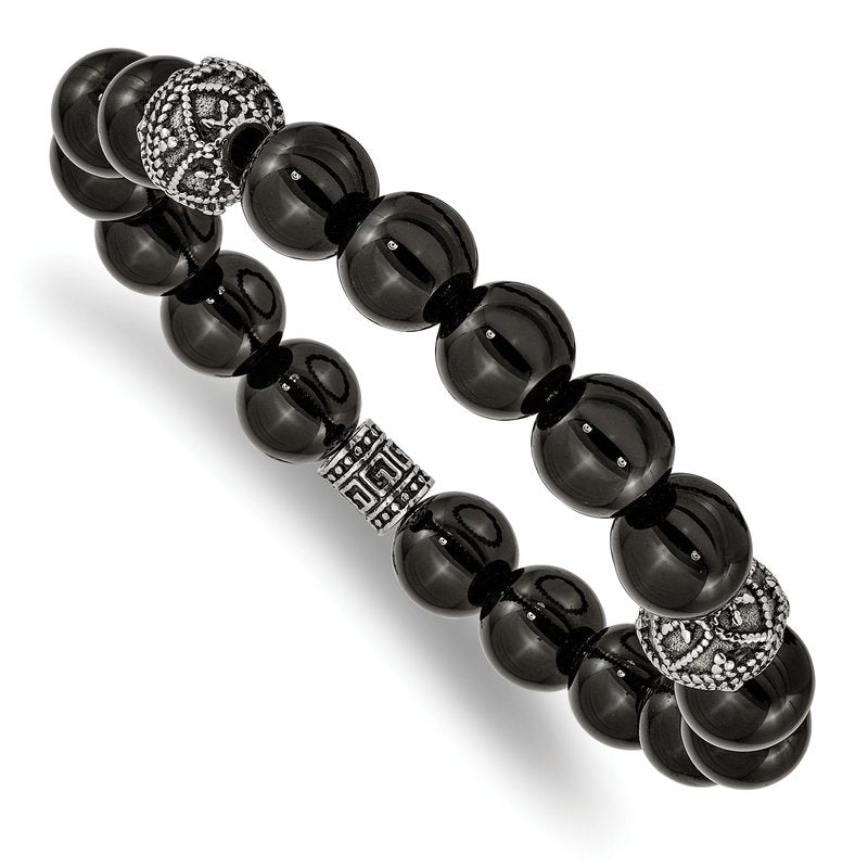 Stainless Steel Antiqued and Polished 10mm Black Agate Beaded Stretch Bracelet