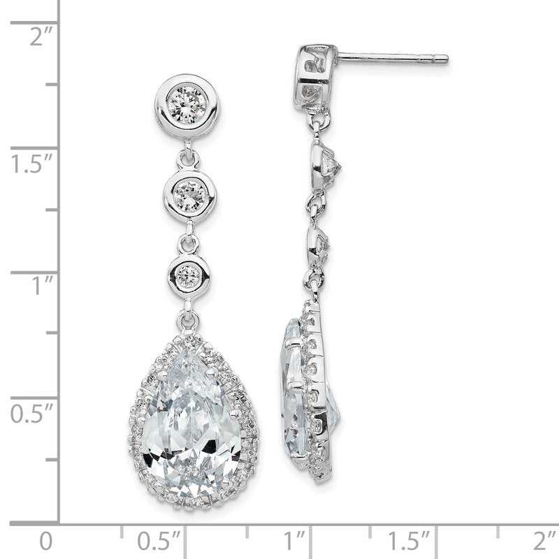 Sterling Silver Rhodium-plated Brilliant-cut CZ Bezel & Teardrop Halo Post Dangle Earrings