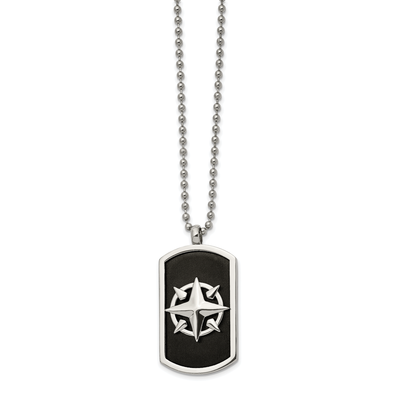 Stainless Steel Brushed and Polished Black IP-plated Compass Dog Tag on a 24 inch Ball Chain Necklace