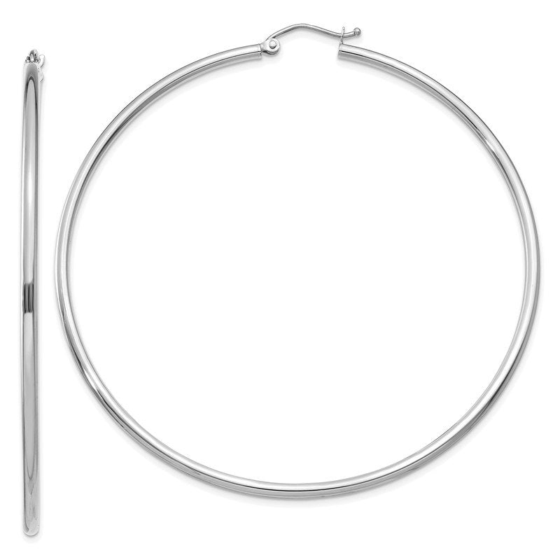 14k White Gold 2x65mm Polished Lightweight Tube Hoop Earrings