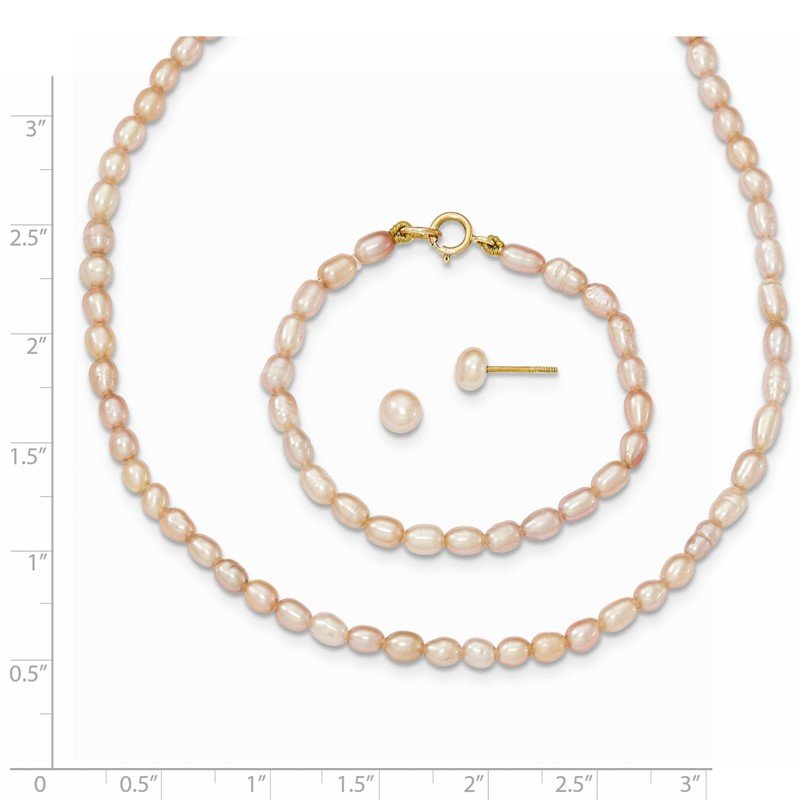 14k 3-5mm Semi-Round Pink Freshwater Cultured Pearl 12 inch Necklace, 5 inch Bracelet and Post Earring Set