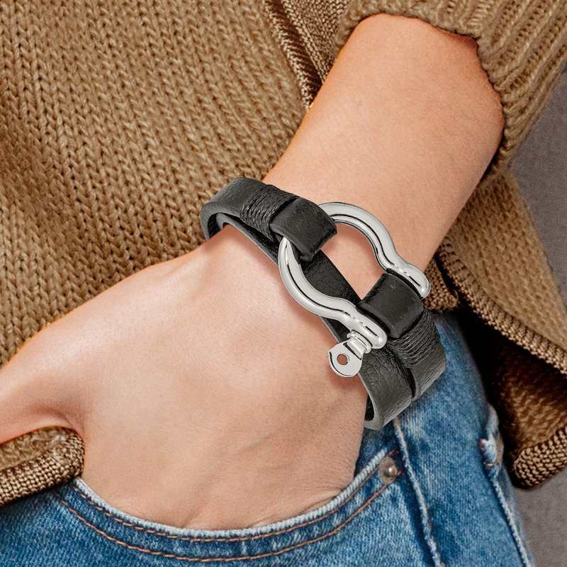 Stainless Steel Polished Shackle Textured Black Leather 16 inch Wrap Bracelet