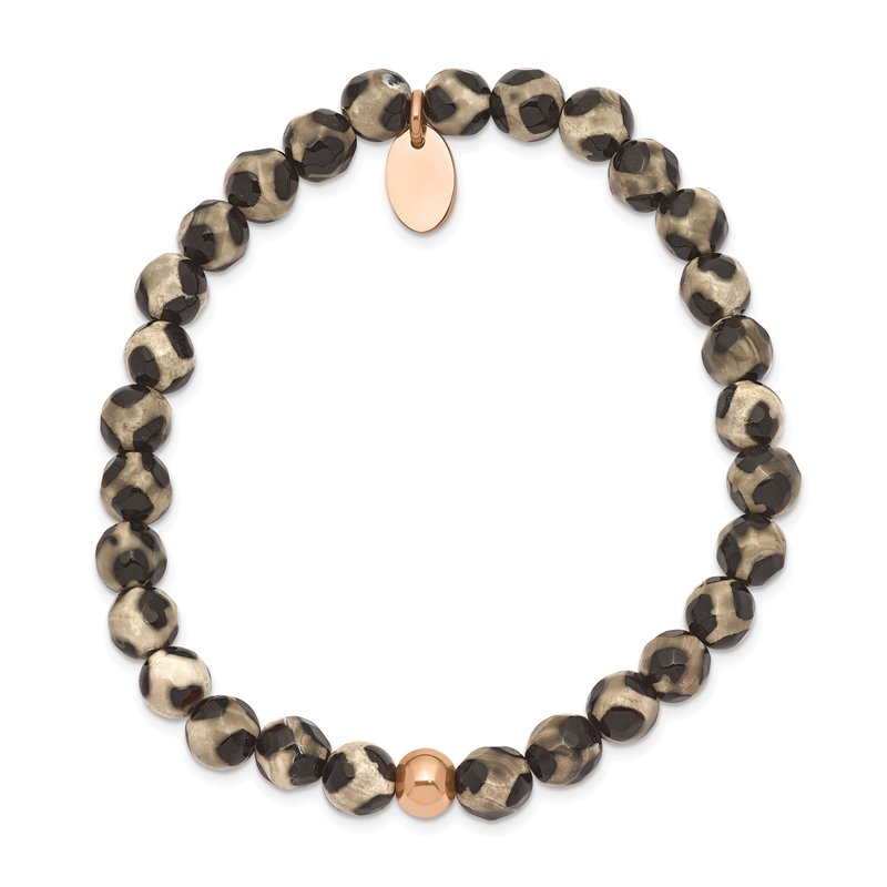 Stainless Steel Polished Rose IP-plated 6mm Black and White Agate Beaded Stretch Bracelet