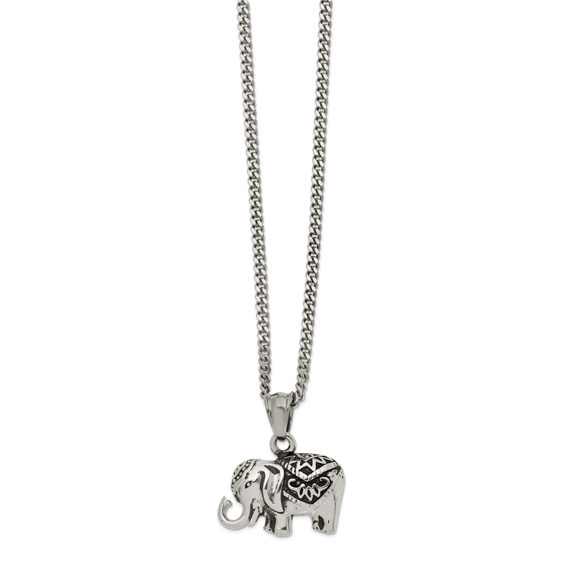 Stainless Steel Antiqued and Polished Elephant Pendant on a 20 inch Curb Chain Necklace