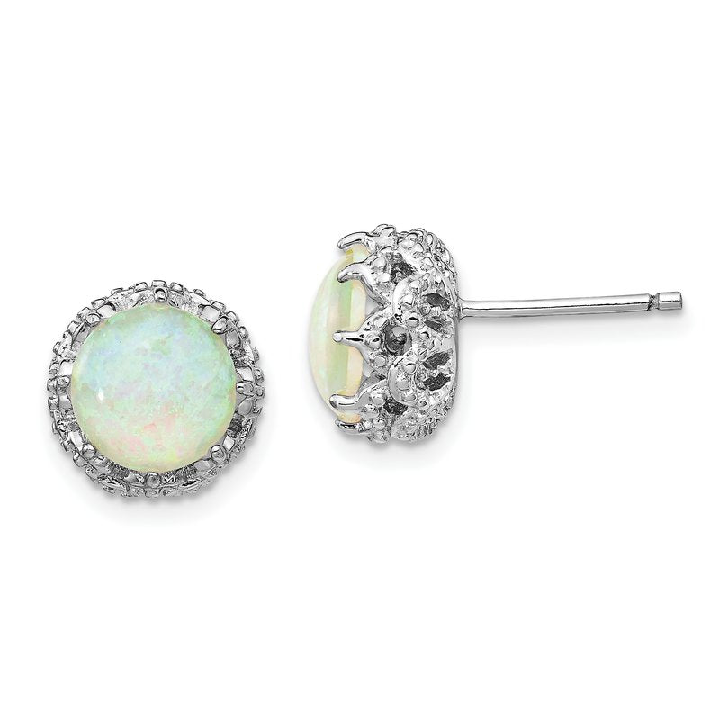 Sterling Silver Rhodium-plated Cabochon Lab Created Opal and Brilliant-cut CZ Post Stud Earrings