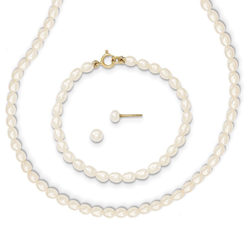 14k 3-5mm White Freshwater Cultured Pearl 14 inch Necklace, 5 inch Bracelet and Post Earrings Set