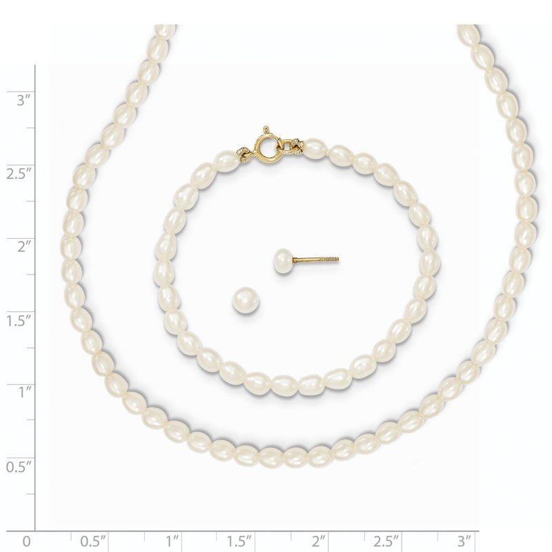 14k 3-5mm White Freshwater Cultured Pearl 14 inch Necklace, 5 inch Bracelet and Post Earrings Set
