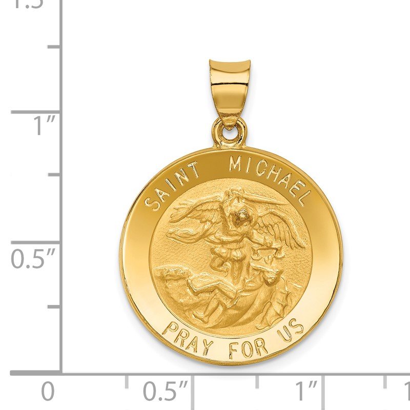 14k Polished and Satin Hollow St. Michael Medal Round Pendant