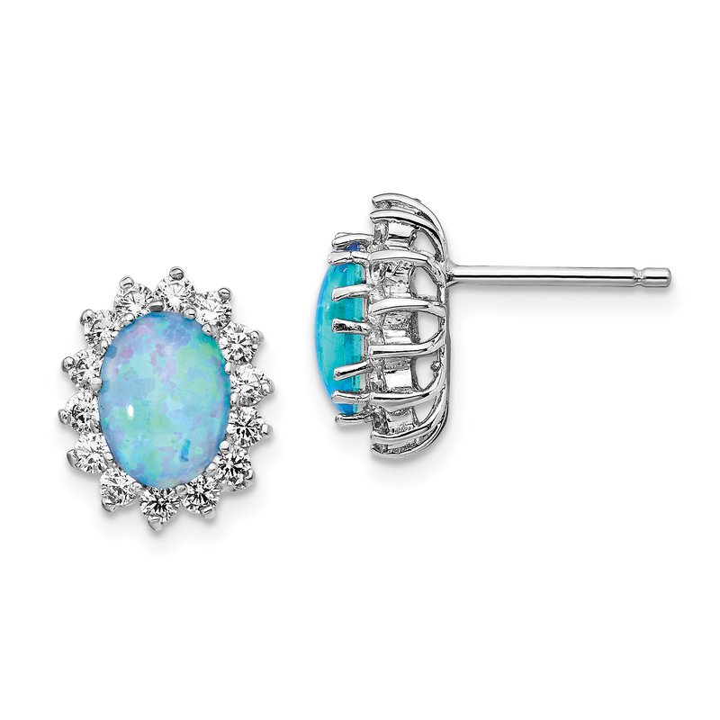 Sterling Silver Rhodium-plated Cabochon Lab Created Blue Opal and Brilliant-cut CZ Post Earrings