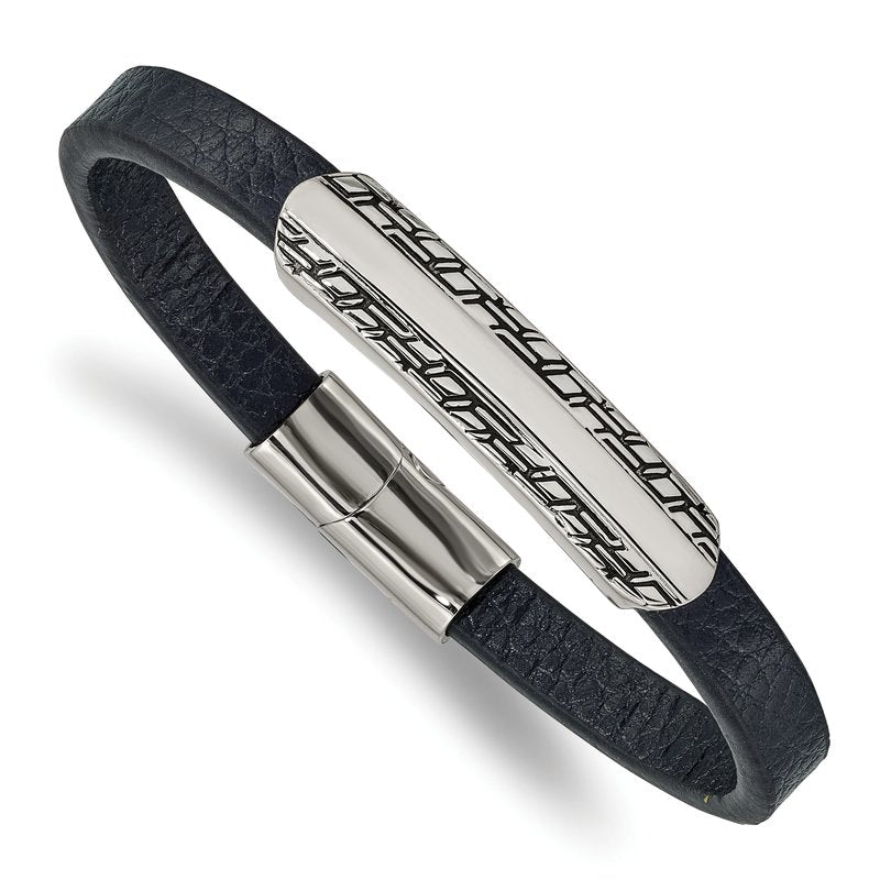 Stainless Steel Antiqued and Polished Navy Blue Leather 8.25 inch Bracelet