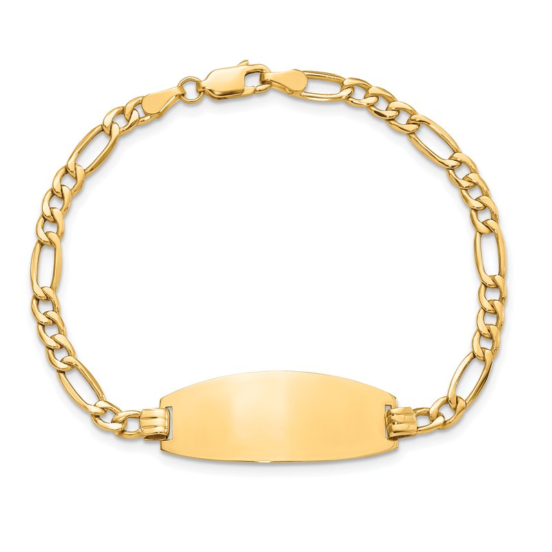 14k Polished Semi-Solid Chain/Solid Plate Figaro Link Oval 26.5x11.5mm Plate 7 inch ID Bracelet