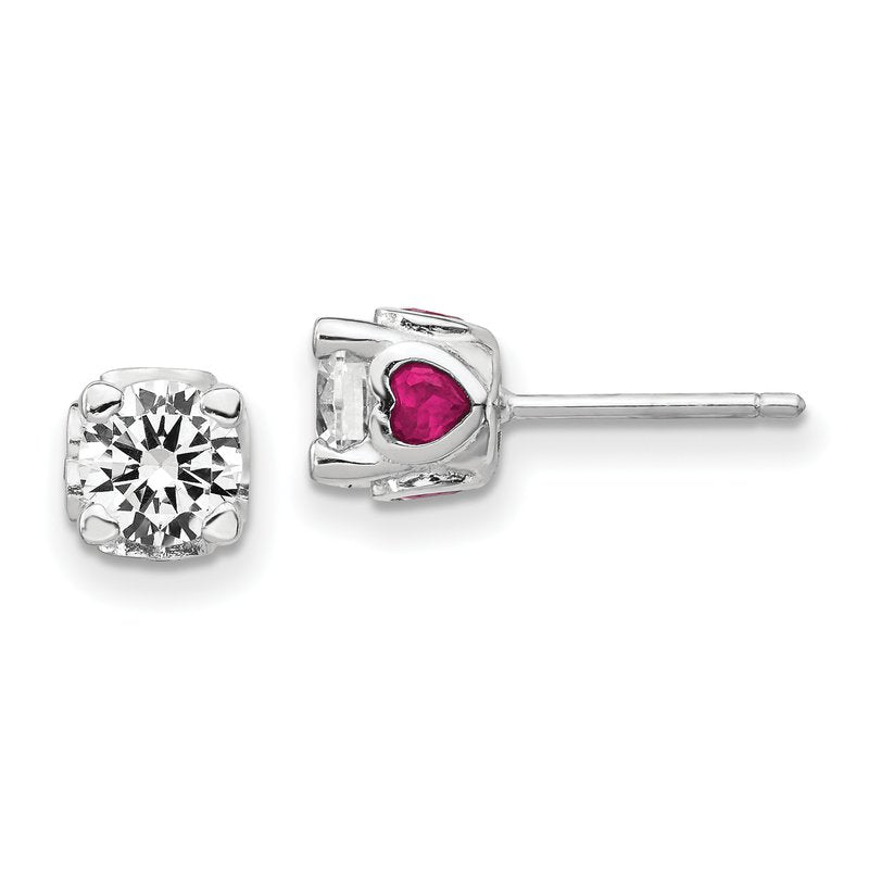 Sterling Silver Rhodium-plated Brilliant-cut Lab Created Ruby and Brilliant-cut White CZ with Heart Sides Stud Post Earrings