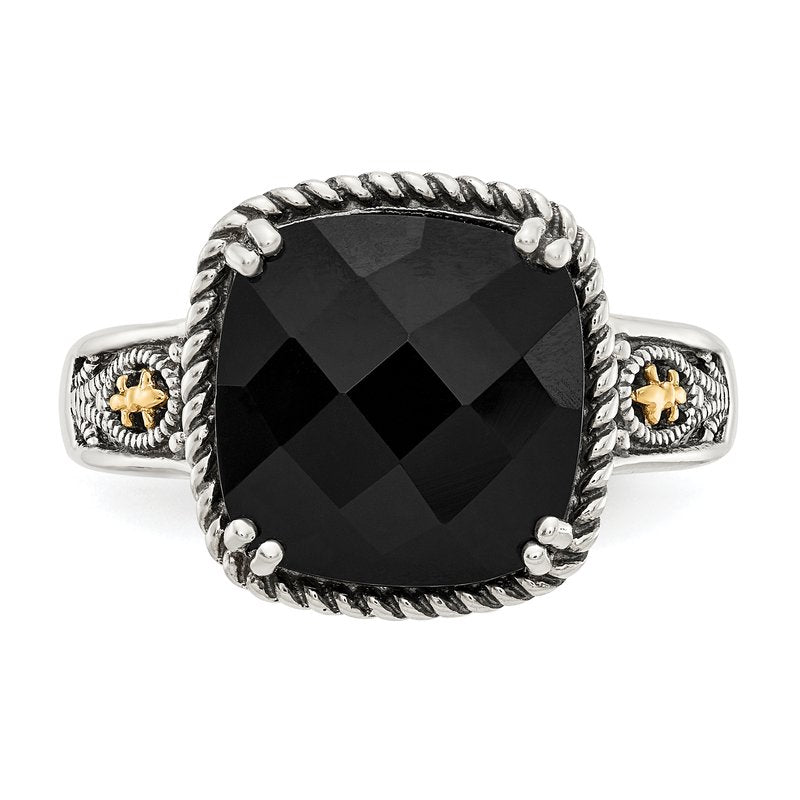 Sterling Silver with 14K Accent Antiqued Checkerboard-cut Black Onyx Ring