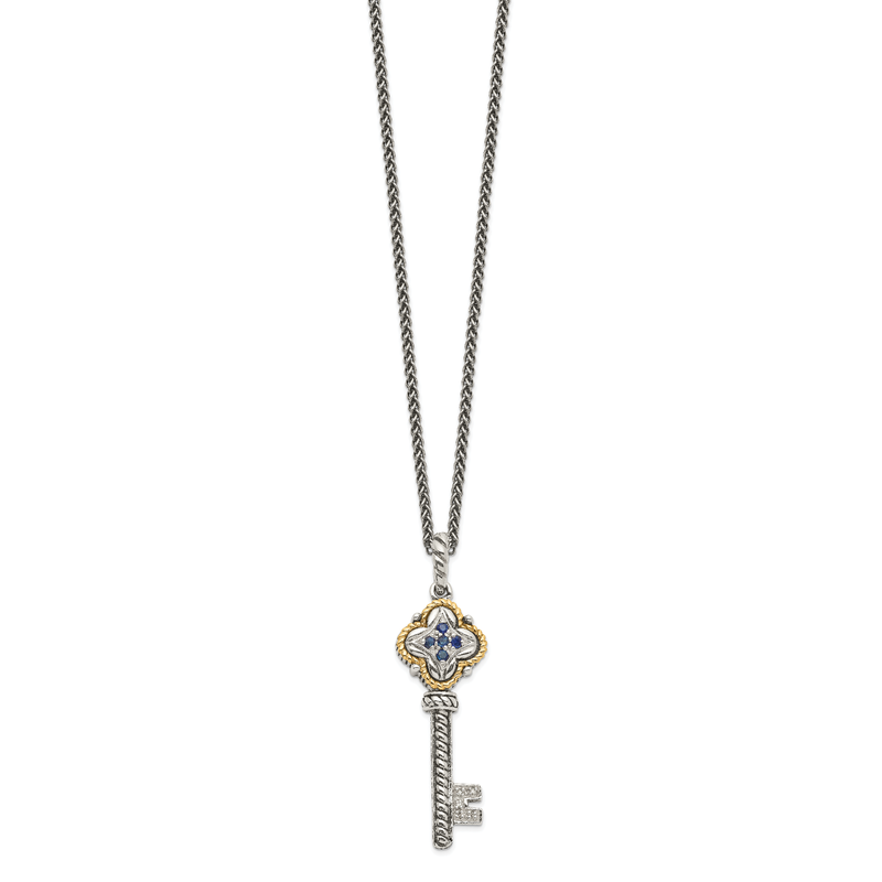 Sterling Silver with 14K Accent 18 Inch Antiqued Sapphire and Diamond Key Necklace