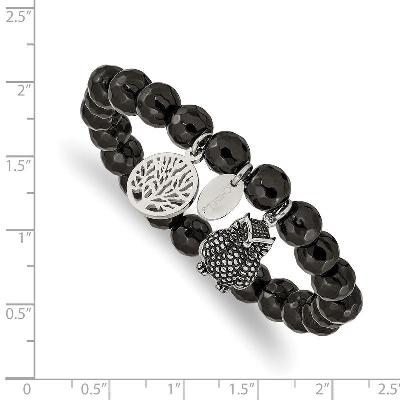 Stainless Steel Antiqued and Polished Owl and Tree of Life 8mm Black Jade Beaded Stretch Bracelet