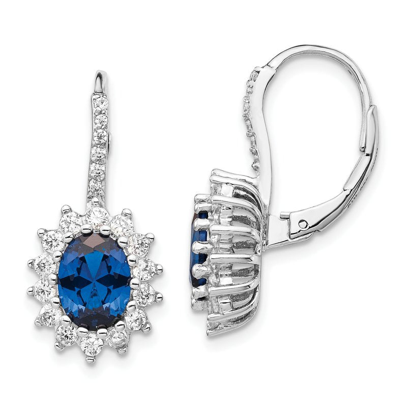 Sterling Silver Rhodium-plated Brilliant-cut Lab Created Dark Blue Spinel and Brilliant-cut White CZ Oval Halo Leverback Earrings