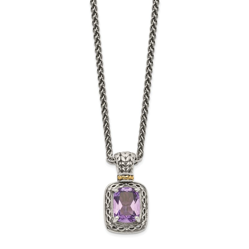 Sterling Silver with 14K Accent 18 inch Antiqued Cushion Amethyst Necklace