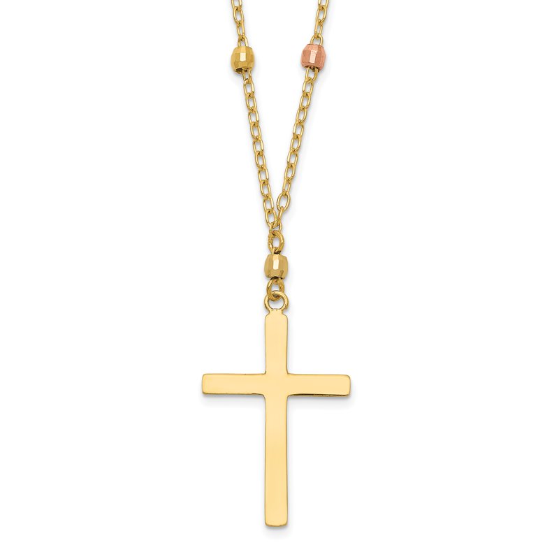14K Tri-color Mirror Beaded Chain with Polished Cross Pendant 18 inch Necklace