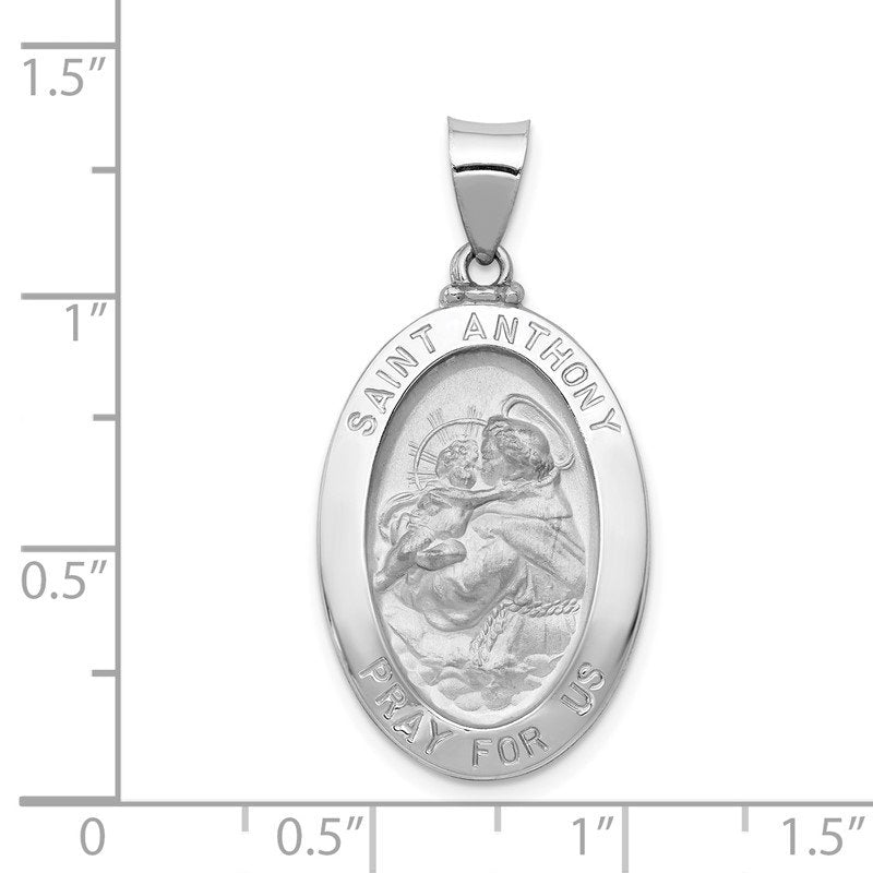 14k White Gold Polished and Satin Hollow St. Anthony Medal Oval Pendant