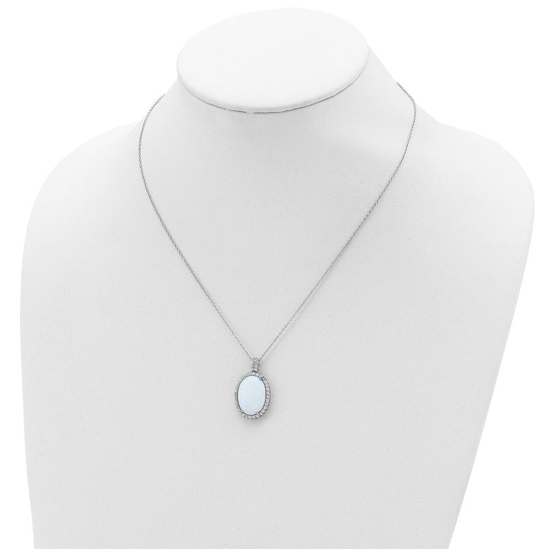 Sterling Silver Rhodium-plated Cabochon Lab Created Opal and Brilliant-cut CZ Oval Halo 18 Inch Necklace