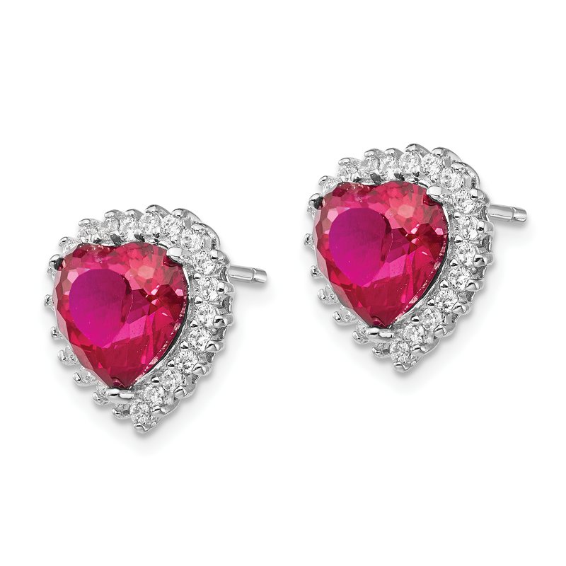 Sterling Silver Rhodium-plated 100 Facet Lab Created Ruby and Brilliant-cut White CZ Heart Halo Post Earrings