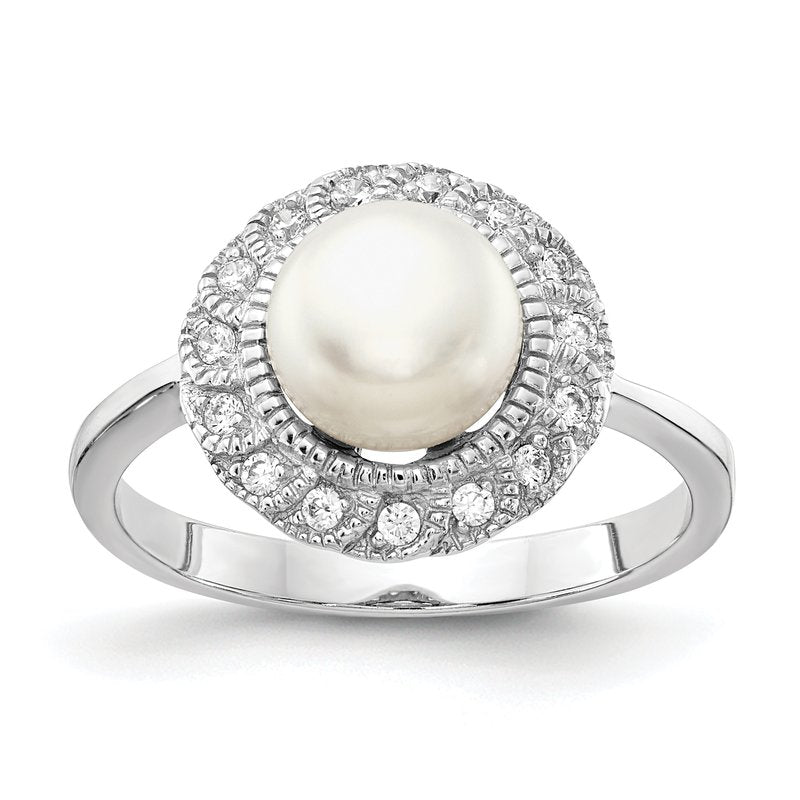 Sterling Silver Rhodium-plated Freshwater Cultured Pearl and Brilliant-cut CZ Ring