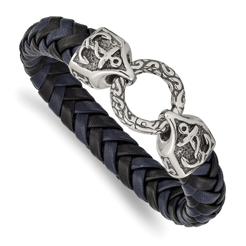 Stainless Steel Antiqued and Polished Black and Blue Braided Leather 8.25 inch Bracelet