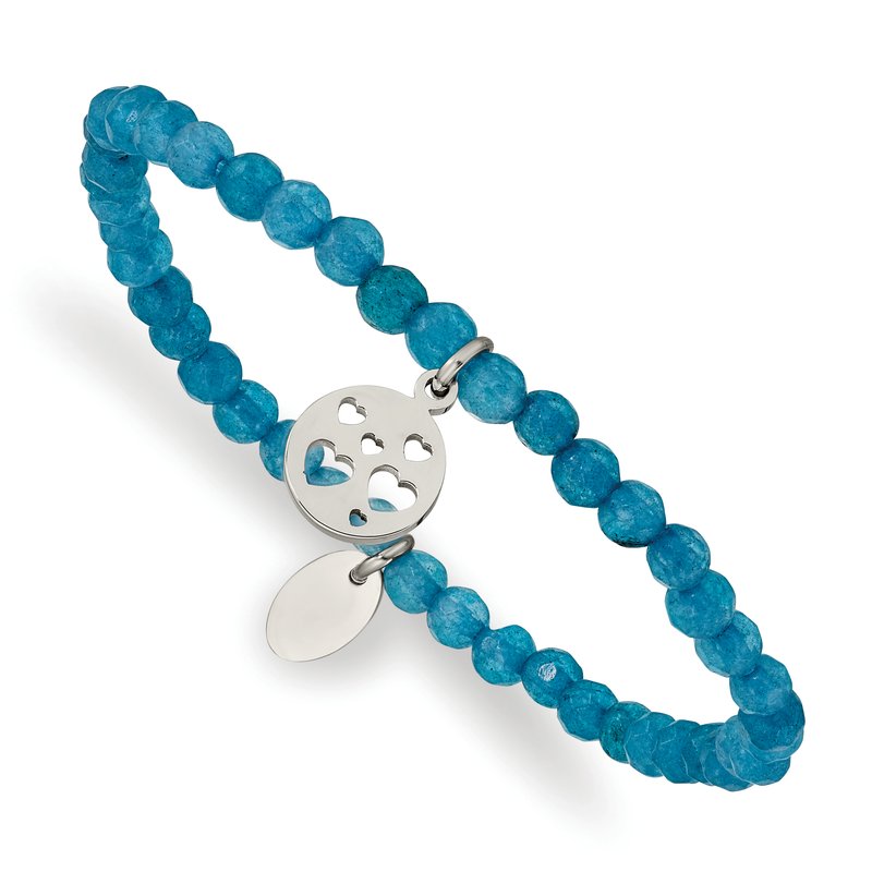 Stainless Steel Polished Hearts 4mm Blue Jade Beaded Stretch Bracelet
