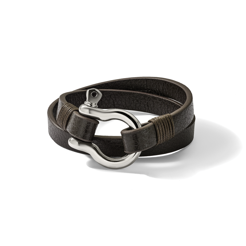 Stainless Steel Polished Shackle Brown Leather 16 inch Wrap Bracelet