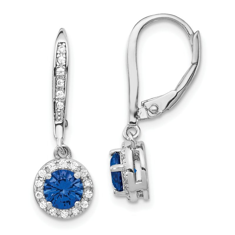 Sterling Silver Rhodium-plated Brilliant-cut Lab Created Dark Blue Spinel and Brilliant-cut White CZ Round Halo Leverback Dangle Earrings