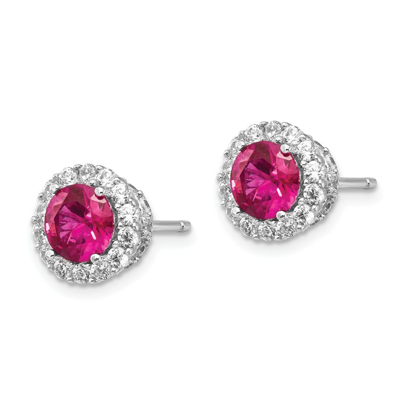 Sterling Silver Rhodium-plated Brilliant-cut Lab Created Ruby and Brilliant-cut White CZ Round Halo Post Earrings