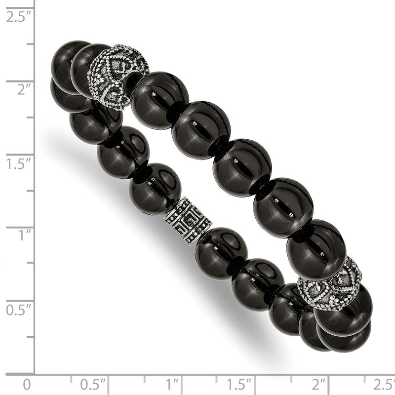 Stainless Steel Antiqued and Polished 10mm Black Agate Beaded Stretch Bracelet