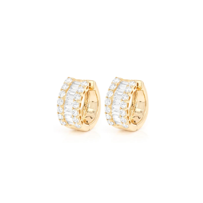 Baguette &amp; Round Huggie Hoop Earrings 14K