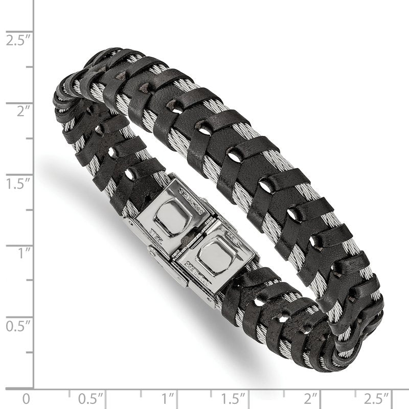Stainless Steel Polished Cable and Black Leather 8.25 inch Bracelet