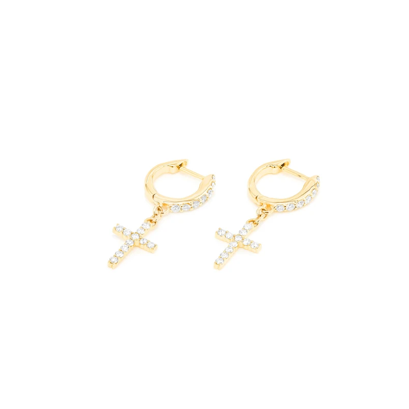 Mini Dangling Cross Huggie Hoop Earrings 14K