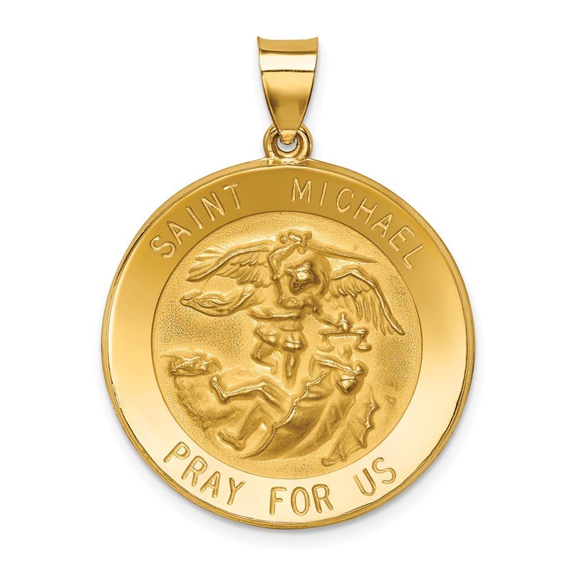 14k Polished and Satin Hollow Large St. Michael Medal Round Pendant