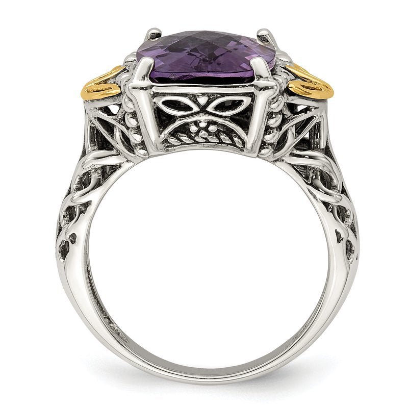 Sterling Silver with 14K Accent Antiqued Cushion Amethyst Ring