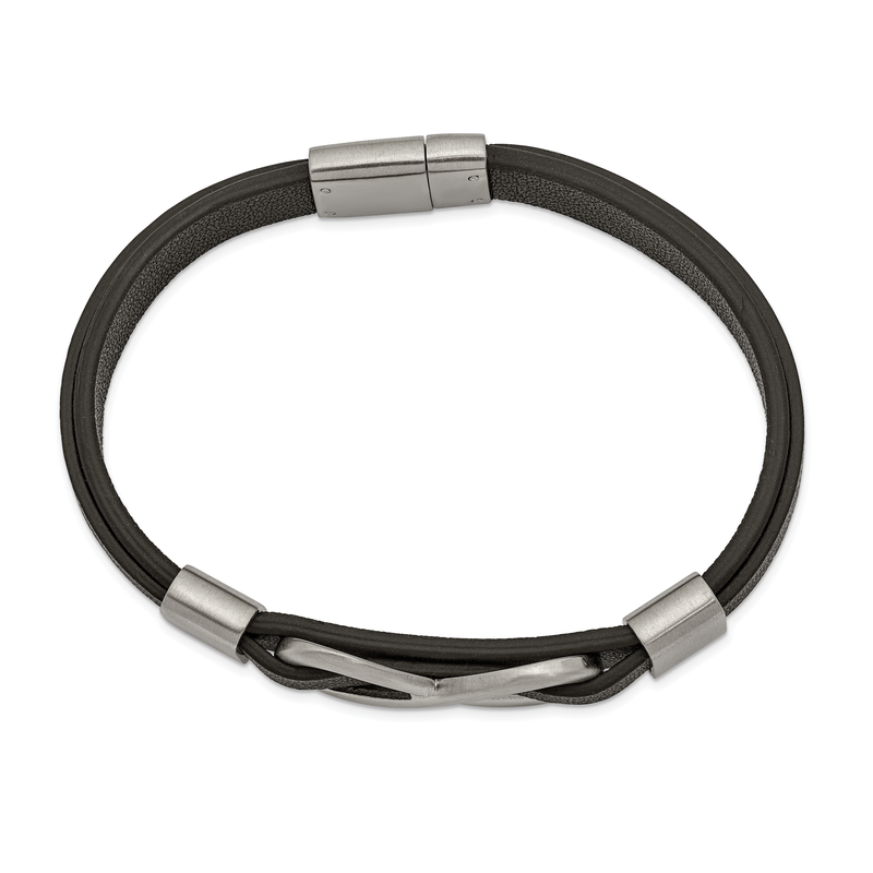 Stainless Steel Brushed and Polished Infinity Symbol Black Leather 8 inch Bracelet
