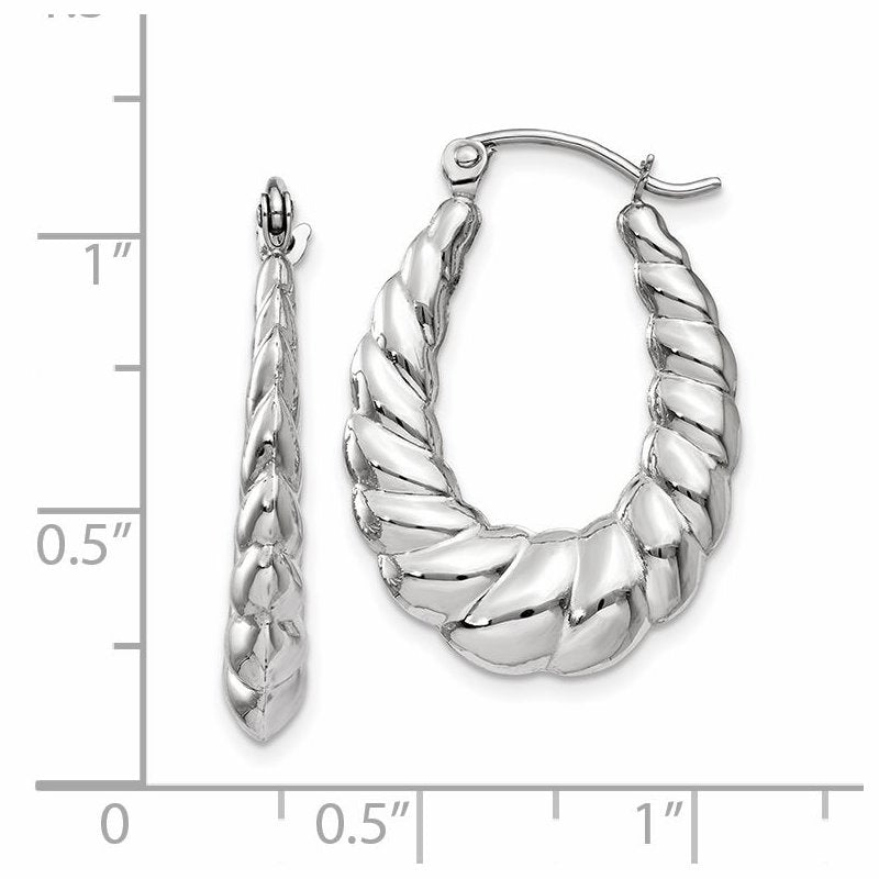 14k White Gold Polished and Textured Oval Hoop Earrings