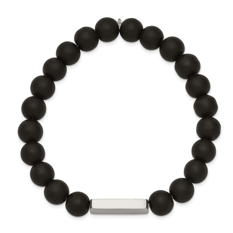 Stainless Steel Polished ID Plate 8mm Black Agate Beaded Stretch Bracelet