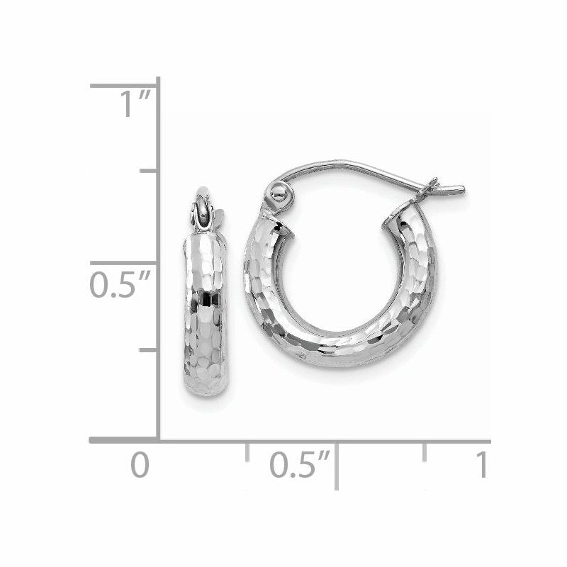 14k White Gold Diamond-cut 3mm Round Hoop Earrings