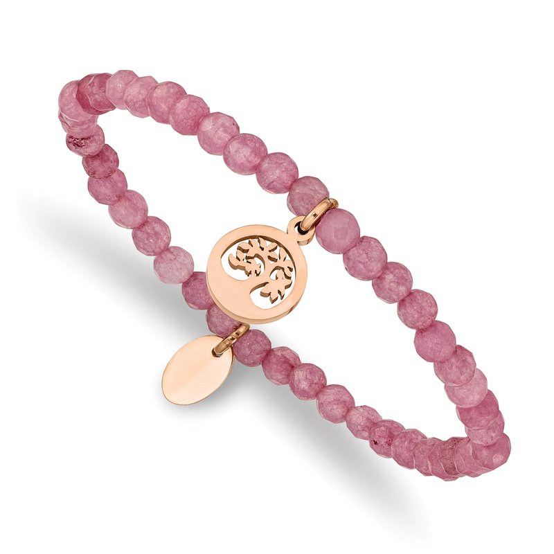 Stainless Steel Polished Rose IP-plated Tree 4mm Pink Jade Beaded Stretch Bracelet