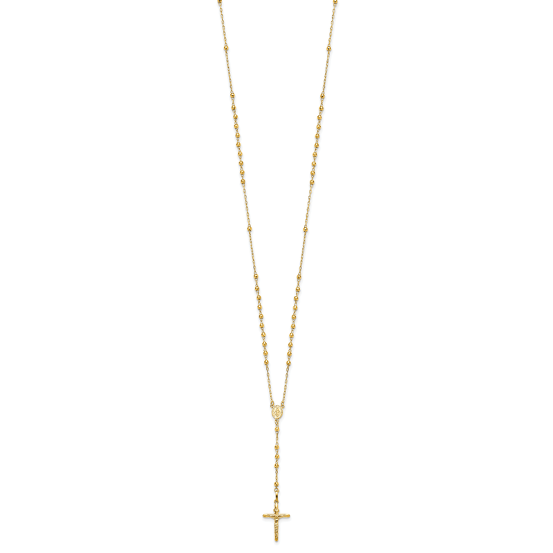 14k Polished Crucifix and Miraculous Medal with 3mm Mirror Beads Semi-solid 24 inch Rosary Necklace