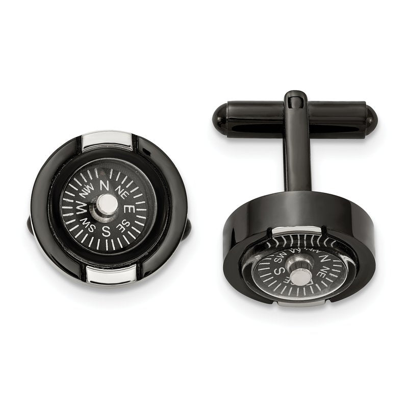 Stainless Steel Polished Black IP-plated Functional Compass Cufflinks