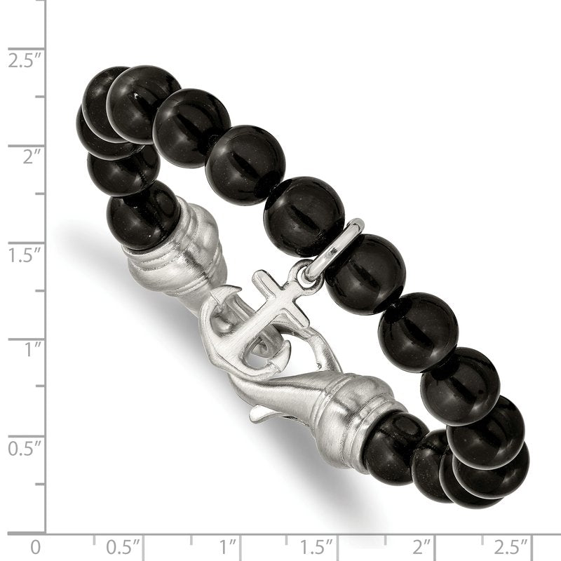 Stainless Steel Brushed Anchor Black Agate Beaded 8 inch Bracelet