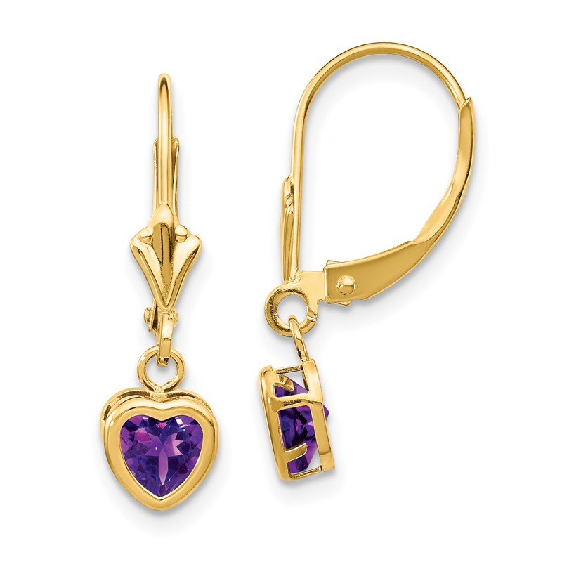 14k 5mm Heart Amethyst Bezel Leverback Dangle Earrings