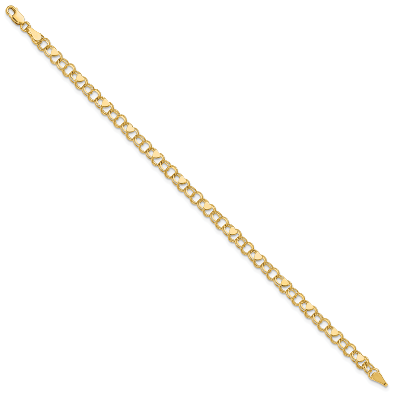 14k 4mm Solid Double Link with Hearts 7 inch Charm Bracelet